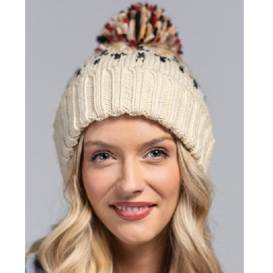 Cream / Mustard Multicolor Knit Beanie with Cute Multicolor Pom-Pom