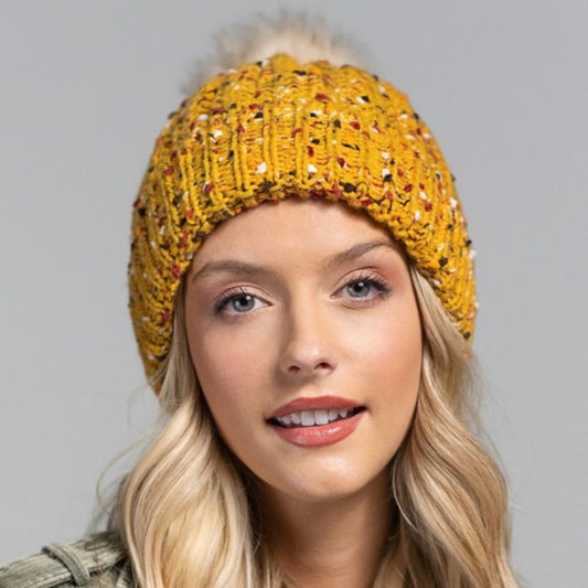 Mustard & Multicolor Confetti Knit Beanie w/ Faux Fur Pom-Pom