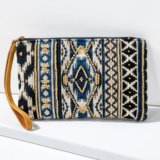 Handmade Hand Beaded Wristlet Clutch - Ethnic Inspired Design - Dyed Fine Cotton