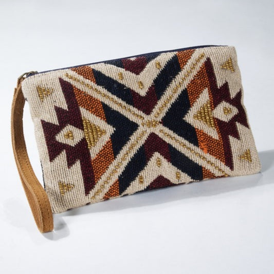 Handmade Hand Beaded Wristlet Clutch - Ethnic Tribal Inspired Design - Yarn Dyed