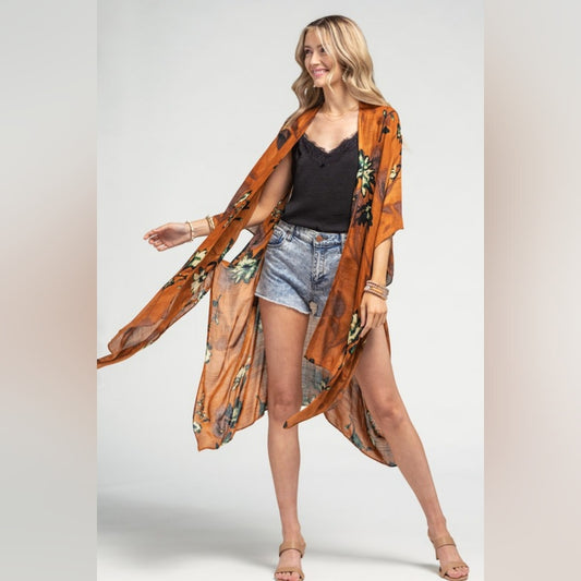 Bohemian Rust Floral Print Kimono w/ Side Slits - Rich Deep Colors