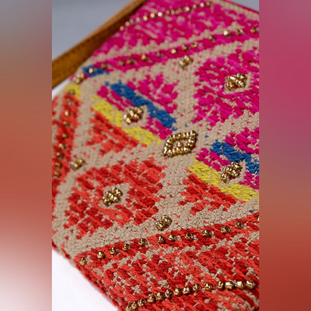 Handmade Hand Beaded Wristlet Clutch - Ethnic Inspired Design - Dyed Fine Cotton