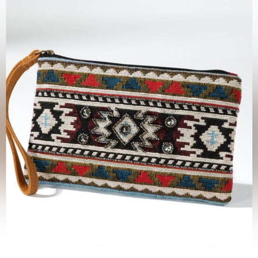 Handmade Hand Beaded Wristlet Clutch - Ethnic Inspired Design - Dyed Fine Cotton