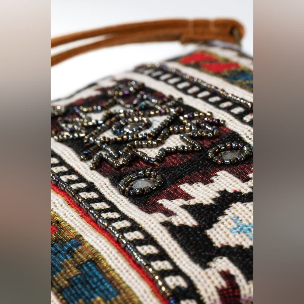 Handmade Hand Beaded Wristlet Clutch - Ethnic Inspired Design - Dyed Fine Cotton