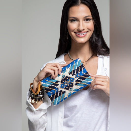 Handmade Hand Beaded Wristlet Clutch - Ethnic Inspired Design - Dyed Fine Cotton