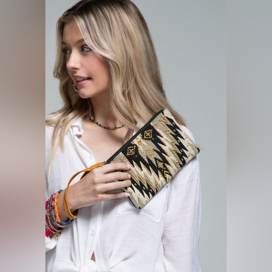 Handmade Hand Beaded Wristlet Clutch - Ethnic Inspired Design - Dyed Fine Cotton