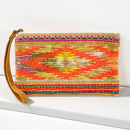 Handmade Hand Beaded Wristlet Clutch - Ethnic Inspired Design - Bright Colorful