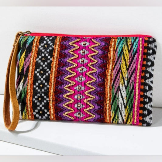 Handmade Hand Beaded Wristlet Clutch - Ethnic Inspired Design - Dyed Fine Cotton