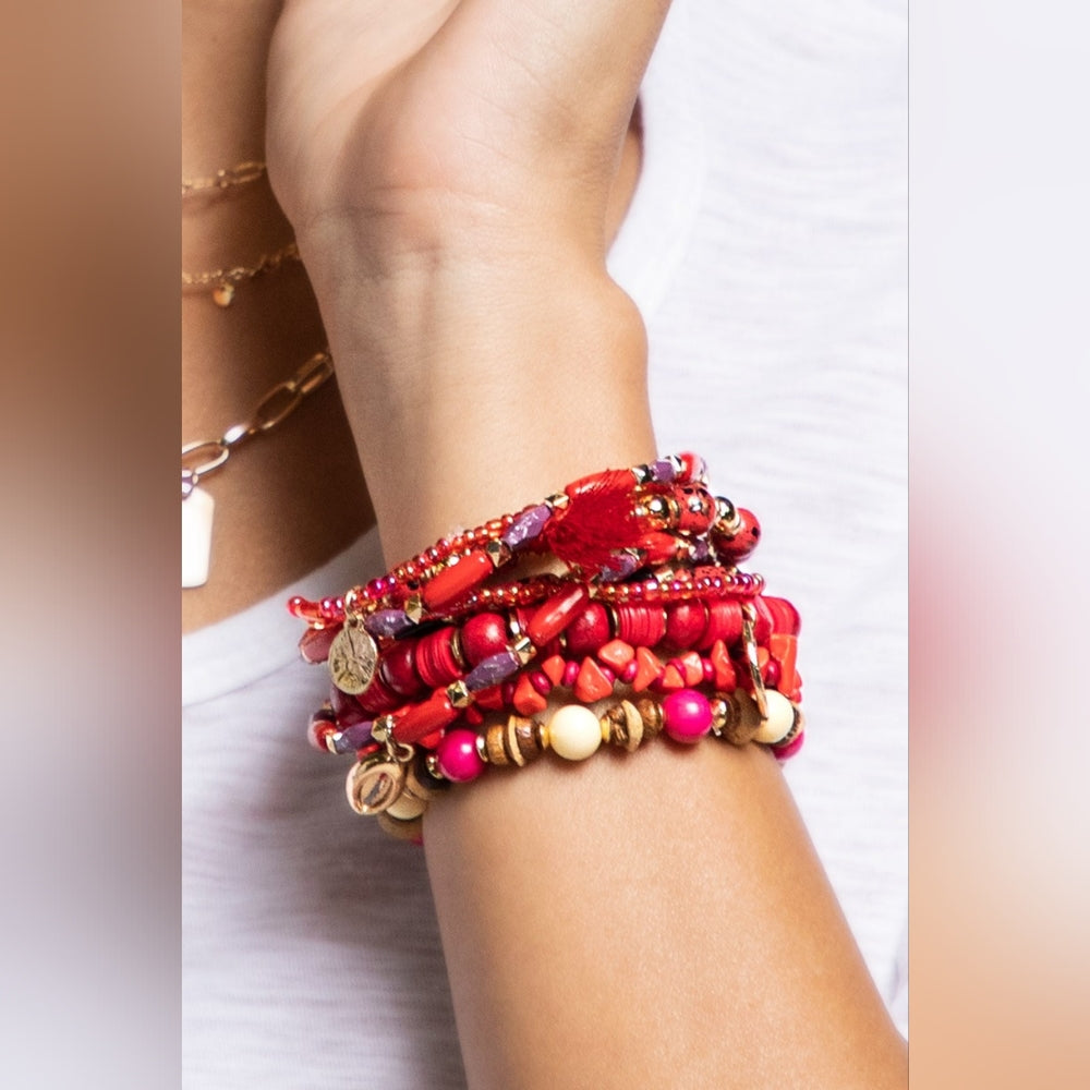 Red Boho Chic Multi Layered Stretch Bracelet w Golden Seashell & Coin Charms