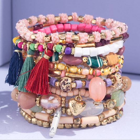 Pink Bohemian Multi Strand Stretch Bracelet w Tassles & Charms