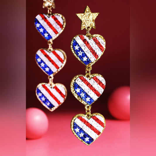 Earrings - Glitter 3-Tier Heart Shaped Leather USA American Flag Dangle Drop