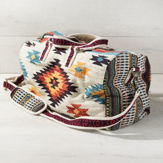 Ivory Boho Chic Travel Bag - Navajo Inspired Design - Handmade Fully Fine Cotton