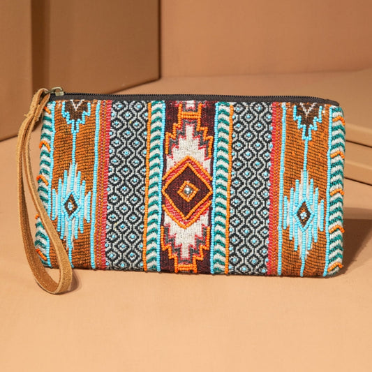 Handmade Hand Beaded Wristlet Clutch - Ethnic Inspired Design - Dyed Fine Cotton