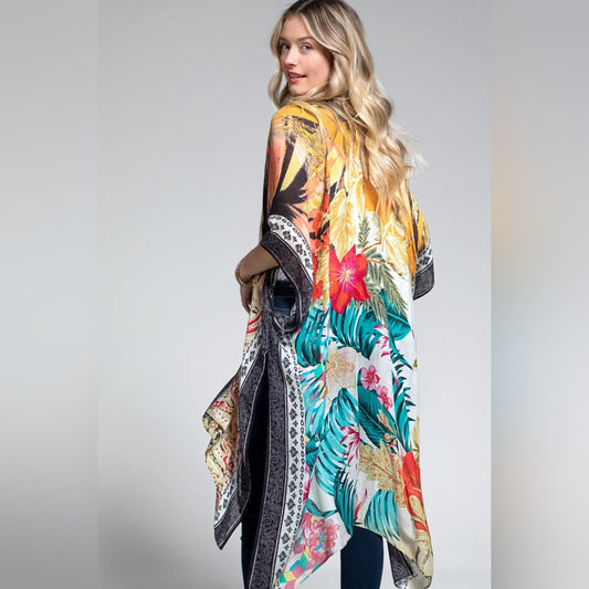 Tropical & Floral Print Kimono w Side Slits - Lightweight Jacquard Fabric