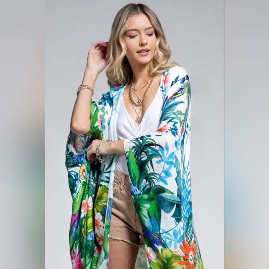 Tropical Rainforest Kimono w/ Vibrant Flowers & Elephant - Lightweight & Breezy