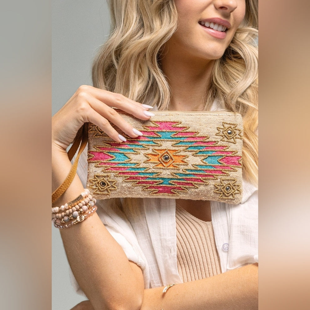 Handmade Hand Beaded Wristlet Clutch - Ethnic Inspired Motive - Dyed Fine Cotton