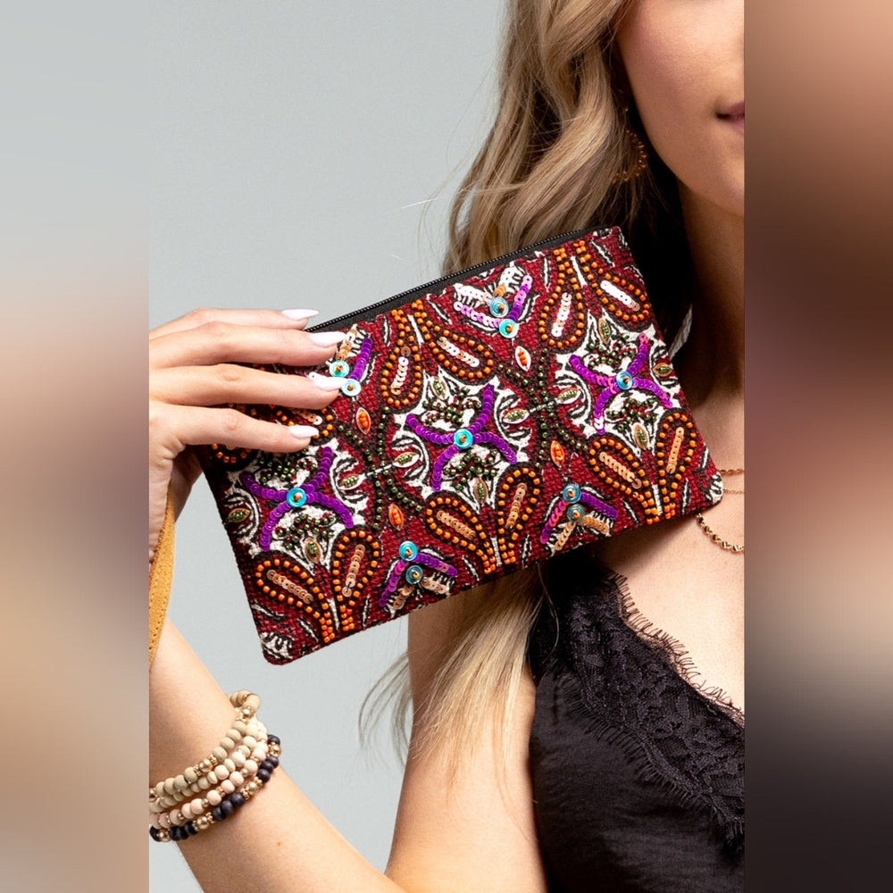 Handmade Hand Beaded & Sequined Wristlet Clutch - Unique Ethnic Inspired Pattern