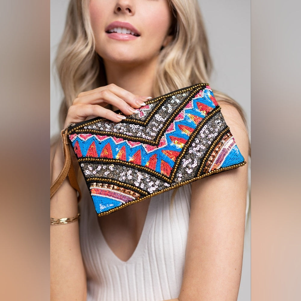 Handmade Hand Beaded & Sequined Wristlet Clutch - Ethnic Inspired Chevron Motif