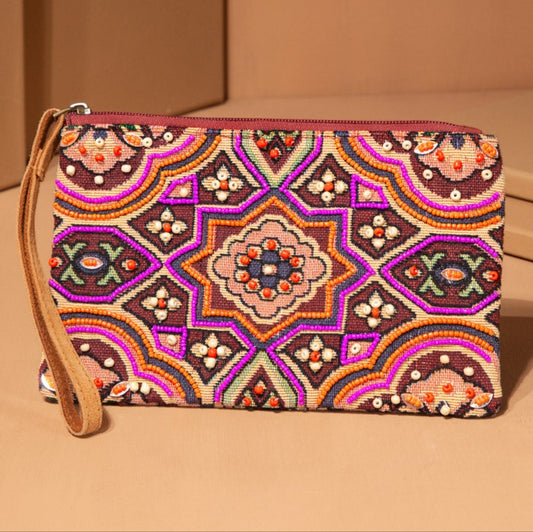 Handmade Hand Beaded Wristlet Clutch - Ethnic Inspired Motive - Dyed Fine Cotton