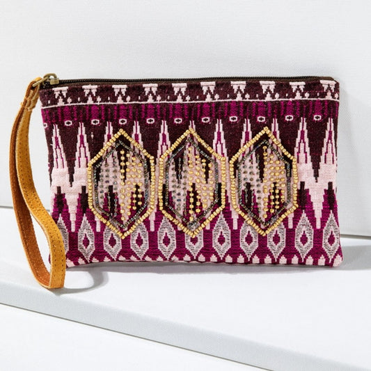 Handmade Hand Beaded Wristlet Clutch - Ethnic Inspired Design - Dyed Fine Cotton