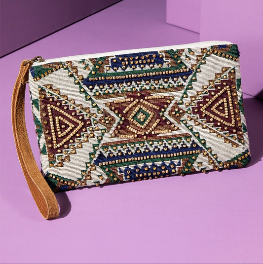 Ethnic Geometric Inspired Clutch / Wristlet - Seed Bead Detail -Fine Dyed Cotton