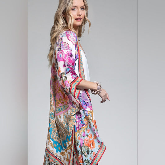 Italian Baroque & Floral Print Kimono w/ Fuchsia & Light Purple Tones