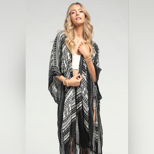 Sophisticated Ethnic Inspired Black & White Print Kimono w/ Black Tassels