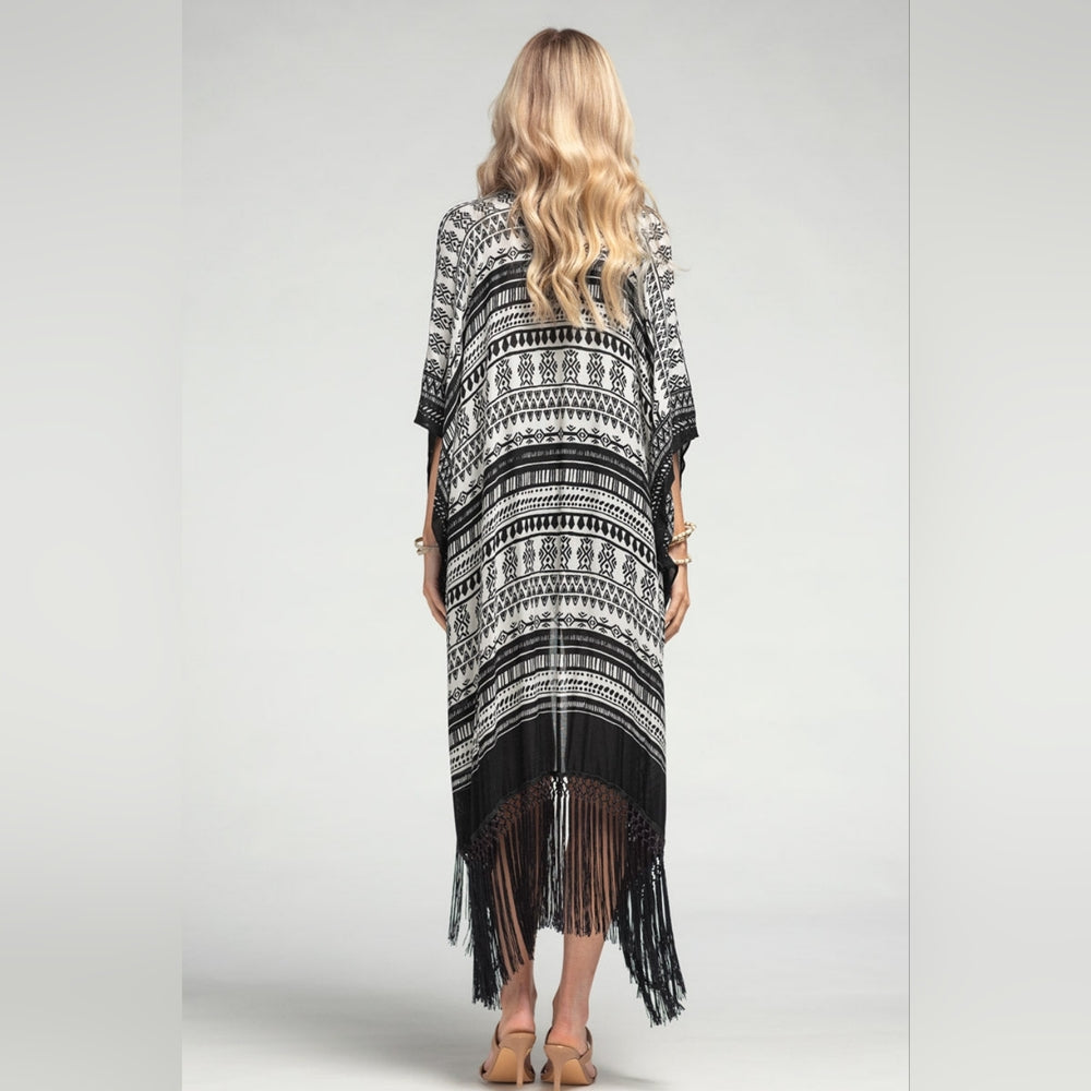 Sophisticated Ethnic Inspired Black & White Print Kimono w/ Black Tassels