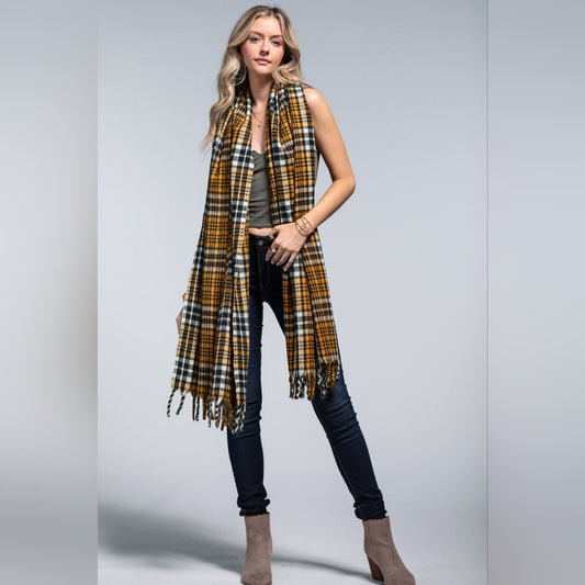Vintage Cashmere Inspired Plaid Long Scarf w Twisted Fringe Accent