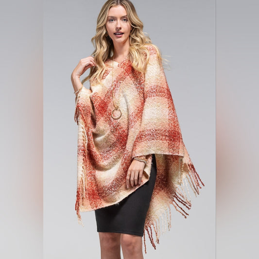 Plaid Poncho w Long Tassel Frunge - Light Burgundy - Natural Creamy Colors