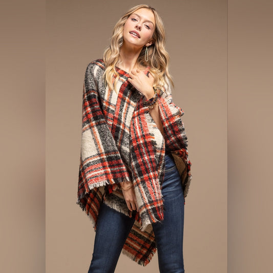 Poncho Multi Color Plaid w Frayed Fringe - Red Black & White