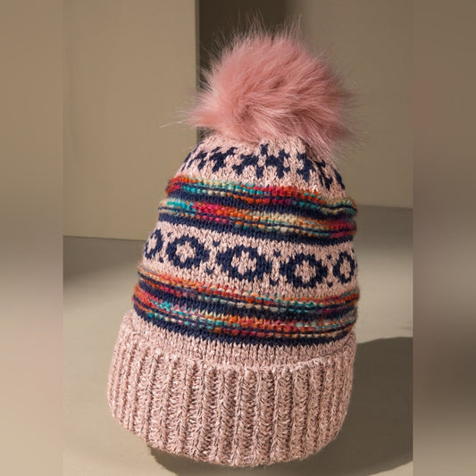 Pink & Multi-Color Decorative Knit Pom Pom Beanie