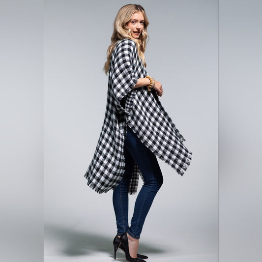 Reversible Black / White Buffalo Plaid Kimono w/ Frayed Fringe