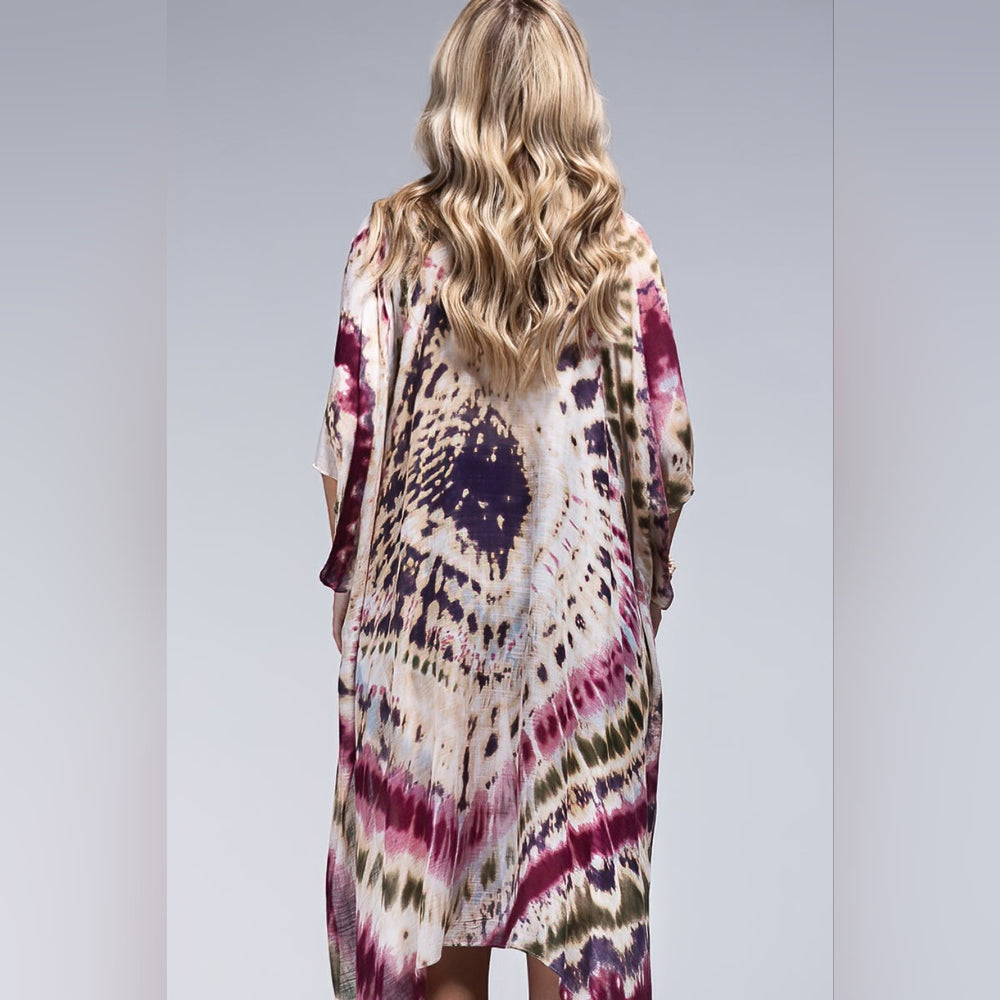Tie-dye Kimono Maroon Multi Color Kimono / Swimsuit Coverup - Lightweight Silky