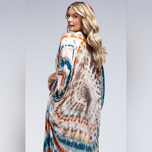 Vibrant Tie Dye Teal & Multi Color Kimono - Silky & Lightweight Material