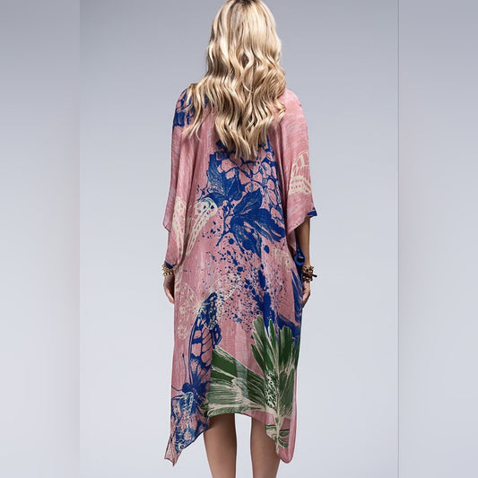 Flower Bouquet & Butterfly Print Kimono - Lightweight Silky Material