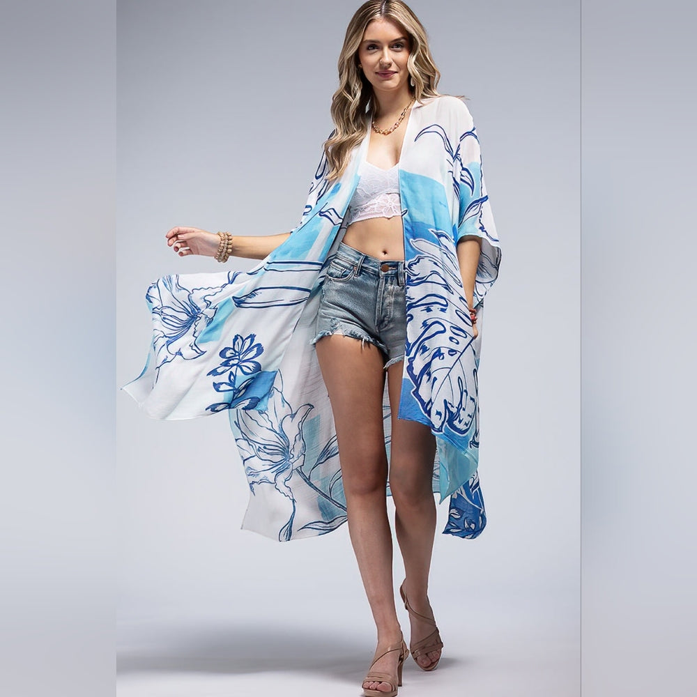 Blue Palm Watercolor Tropical Print Kimono - Silky Material - Lightweight & Airy