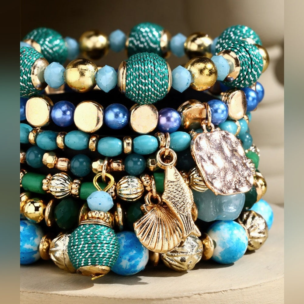 Glamorous Gold & Aqua Multi Textured Layered Beaded Bracelet Set w Golden Charms
