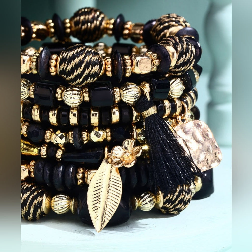 Formal Black & Gold Multi Textured Layered Beaded Bracelet Set w Golden Charms