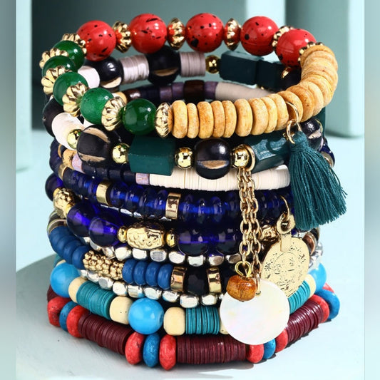 Bohemian Multi Color Beaded Stretch Bracelet Set w Charms & Tassel Accent