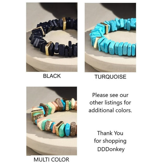 Turquoise Dyed Square Coconut Shell Stretch Bracelet w Gold Toned Metal Accents