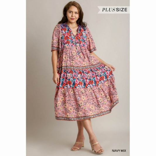 Bohemian Floral Print Maxi Dress - Plus Size XL - Navy Multicolor