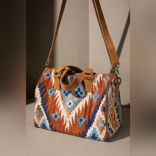 Handwoven Boho Chic Boston Bag / Satchel - Ethnic Navajo Aztec Inspired Design