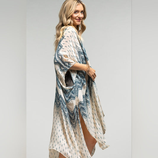 Blue Chevron Boho Kimono w/ Intricate Design Details & a Silk Like Material