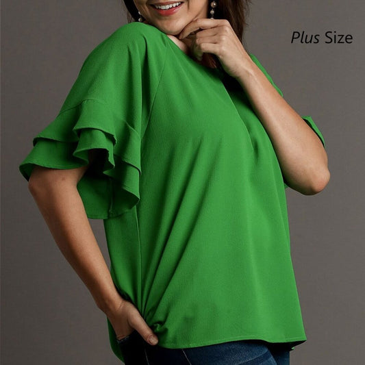Layered Ruffle Sleeve Top / Blouse - Boxy Cut - Wide Round Neck - Grass Green
