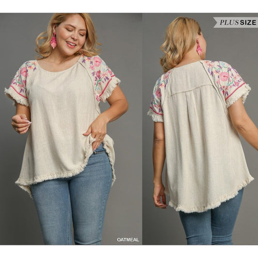 Embroidered Sleeves Linen Cotton Blend Round Neck w/ Frayed High Low Hem