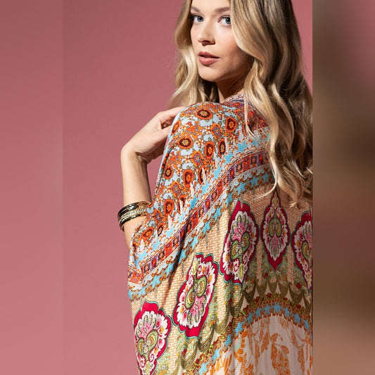 Detailed Floral & Demask Print Kimono on Jacquard Fabric w Golden Fringe Tassels
