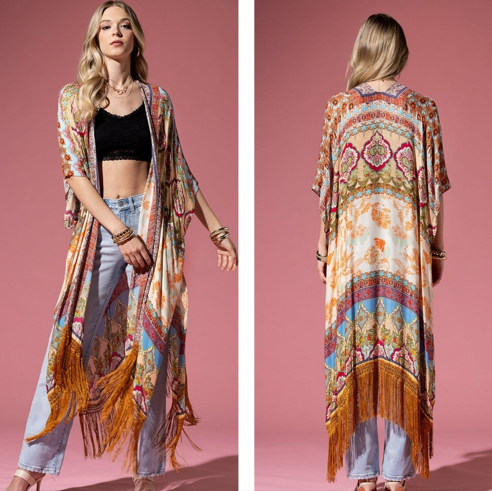 Detailed Floral & Demask Print Kimono on Jacquard Fabric w Golden Fringe Tassels