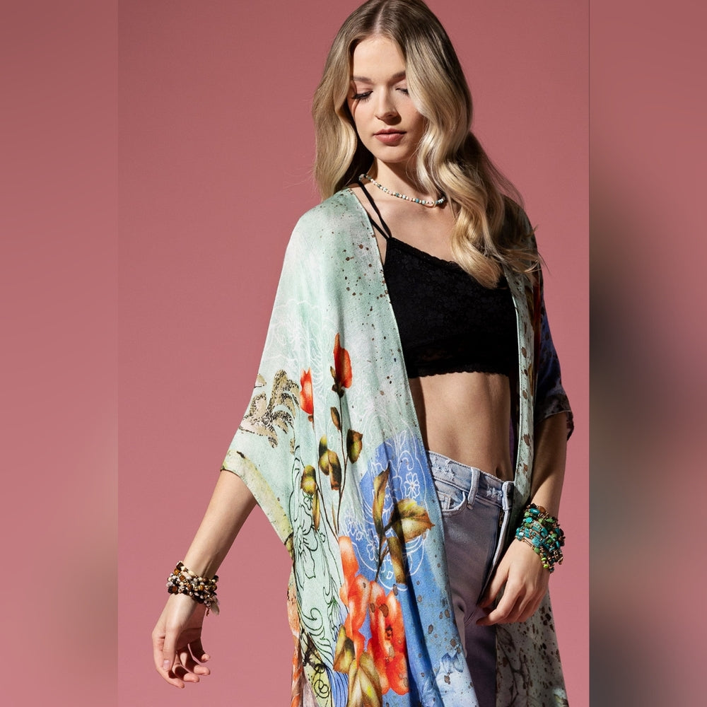Floral Print Lightweight Kimono - Watercolor Effect Background - Soft & Silky