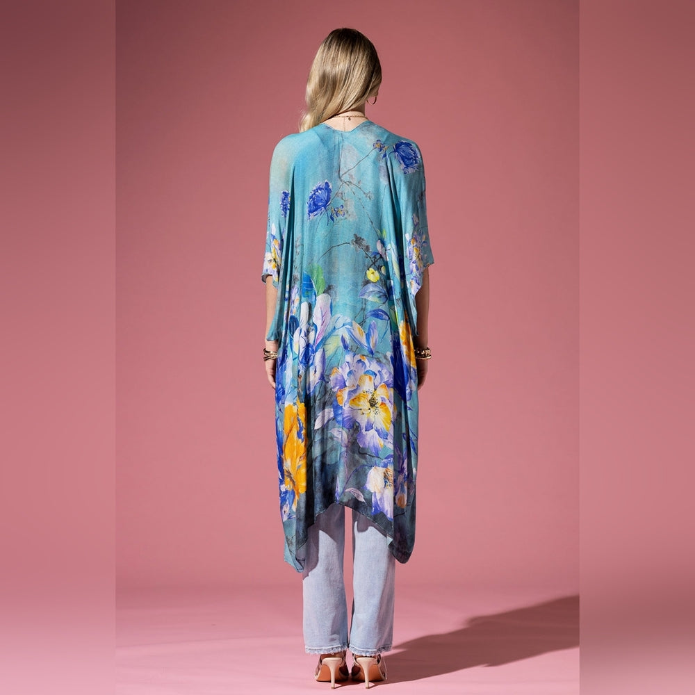 Colorful Floral Print Lightweight Kimono - Watercolor Effect Background